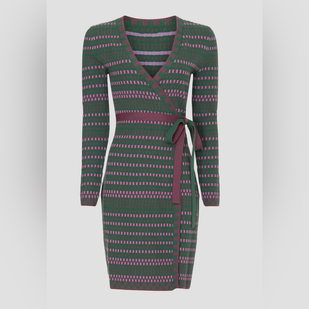 DVF Wrap Knit Stripe Dress in Green and Plum